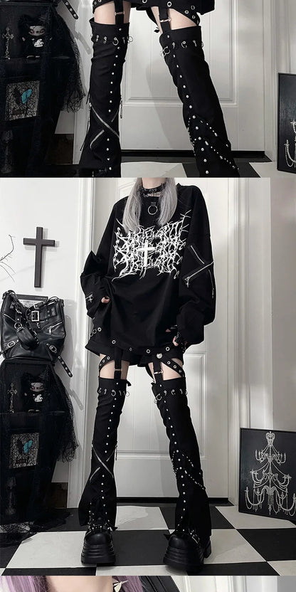 Original Print Subculture Dark Loose Long Sleeve Pure Cotton T-Shirt Japanese Punk Gothic Long Sleeve Round Neck Cool Girl Top