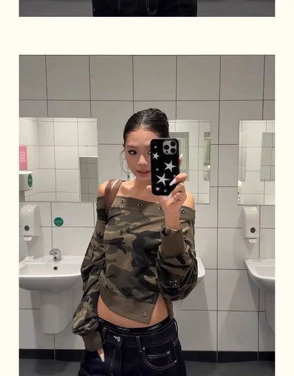 Camouflage Off Shoulder Long Sleeve Sweatshirt For Women Autumn Sexy Personality Design Slim Fit One Character Shape Short Tops