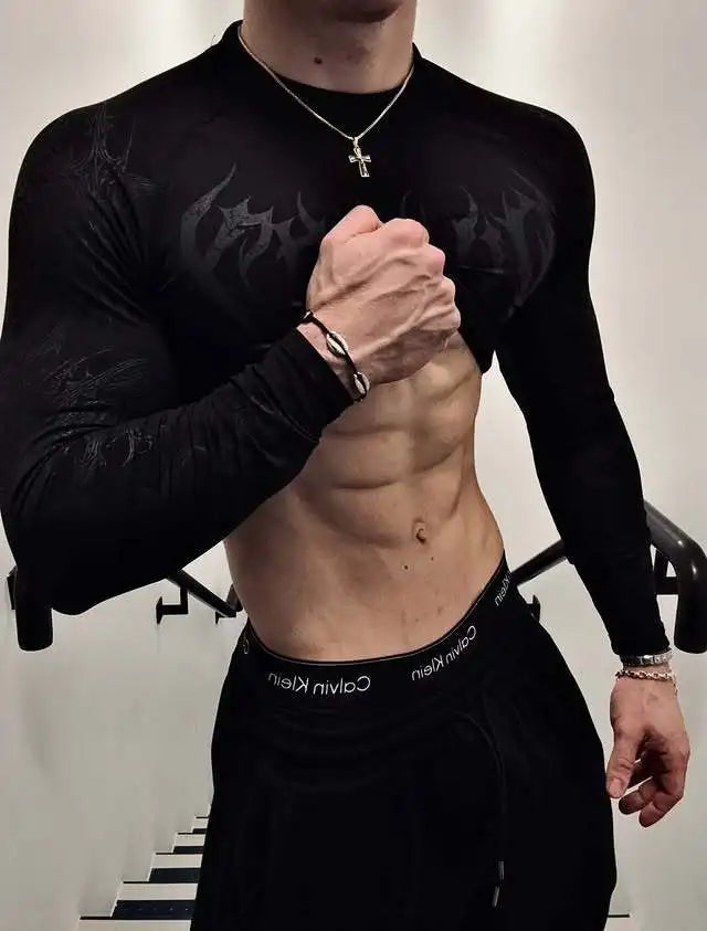 Men's Long Sleeve Fitness T-Shirt Tight Sports Wear Quick Dry High Elasticity Spring Autumn Seasonal Style round Neck Letter ...