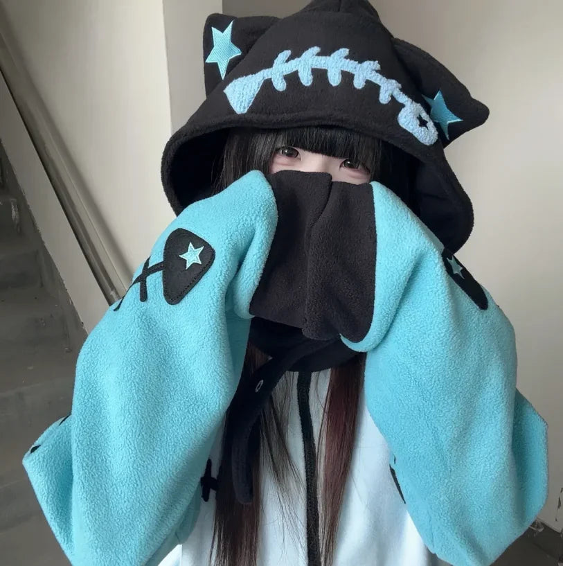 Japanese Cat Ear Fish Bone Hoodie Women Subculture Vintage Y2k Harajuku Punk Oversized Sweet Cardigan Zipper Sweatshirts