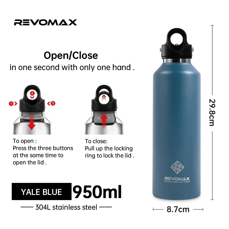 RevoMax-Double Wall Insulated Water Bottle, Outdoor Travel Sports Bottles, Stainless Steel Thermos for Tea, Thermal Cup, 600ml
