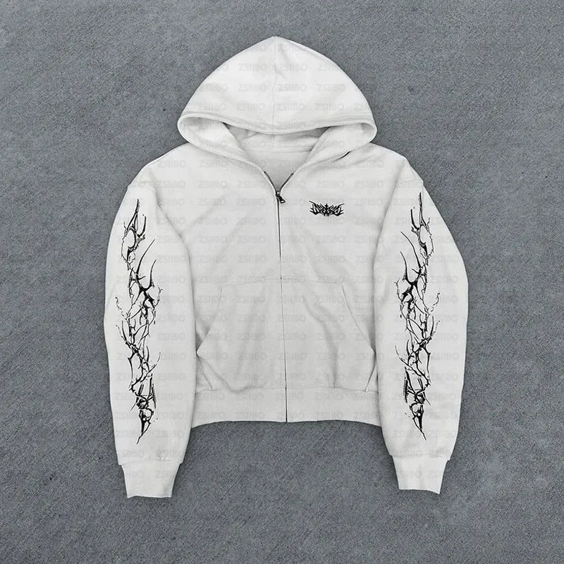 2025 new European and American retro punk complex design printed zipper cardigan hoodie trousers sweatpants suit street wear