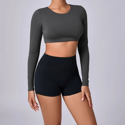 Crop Top Women Long Sleeve Tees 2026 Gym Shirt Padding Sports T-shirts Push Up Yoga Clothing Black White Blue Coffee Gray Navy