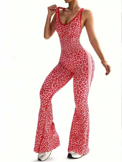 Women's Leopard Print Cross-Back Yoga Jumpsuit