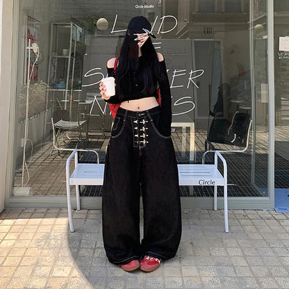 Y2k Jeans For Baggy Loose Wide Leg Distressed Washed High Waist Trousers - APEX RITUAL women's jeans