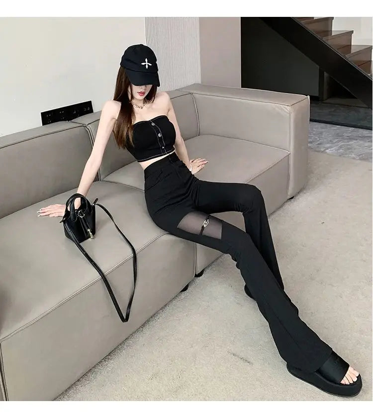 Sexy Black Mesh Patchwork High Waisted Flared Pants Chic Slim Women's Thin Trousers for Summer Korean Style