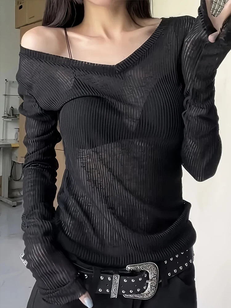 Women's Sheer V-Neck Long-Sleeve Top