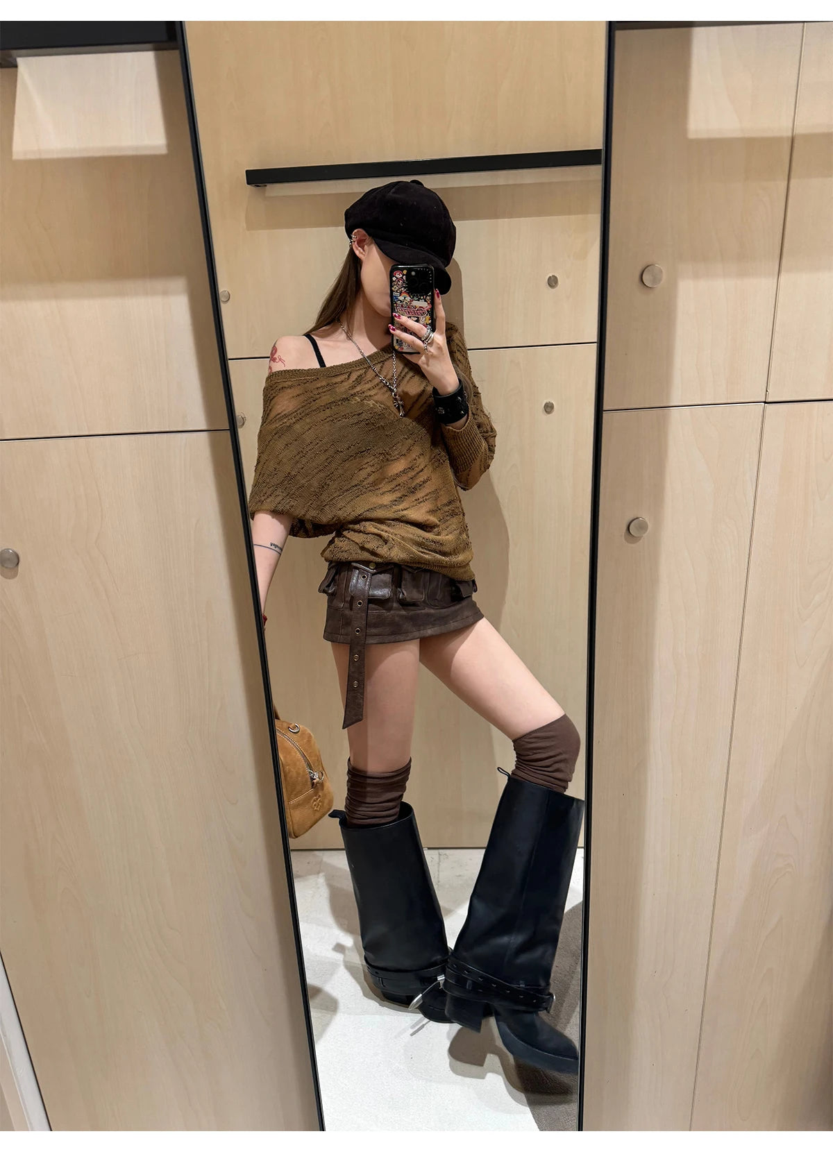 Lautaro Spring Summer Cool Sexy Vintage Distressed Brown Pu Leather Mini Skirt Women Three-dimensional Pockets Belt Streetwear