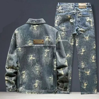 Spring Autumn New American Denim Coats Set Classic  retro Cowboy Jeans Trendy Two-Piece Sets Versatile Outerwear Casual Jacket
