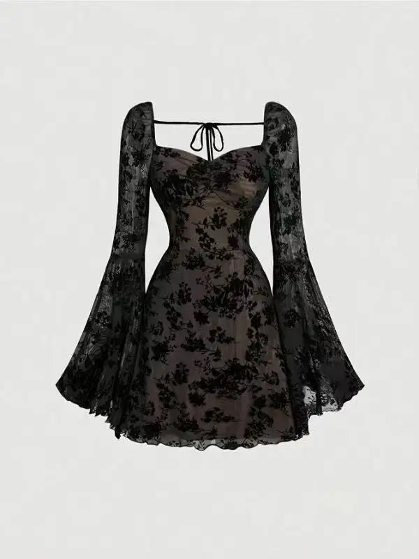 Sexy Womens Dress Temperament Embroidered Slim Fashion Elegant Evening Gown Long Sleeve Lace Strappy High Waist A-Line Vestido