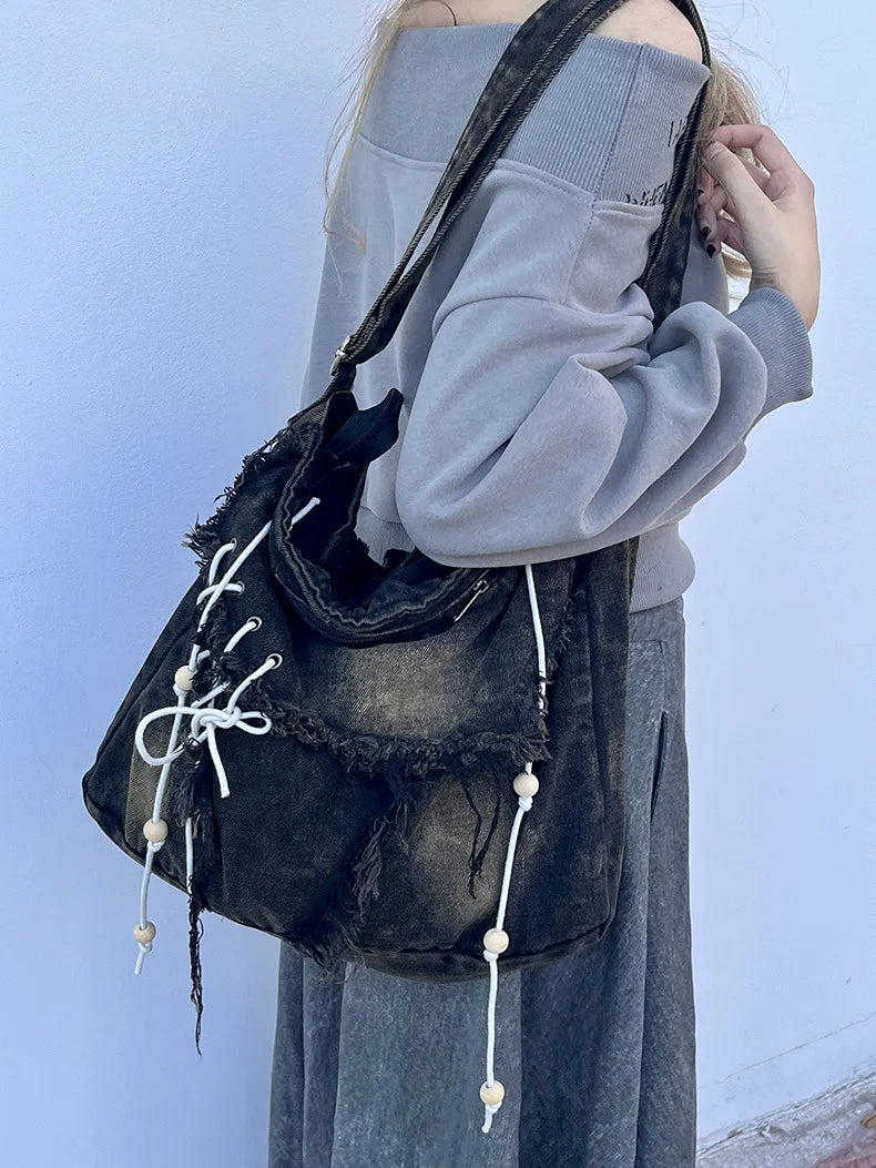 Y2K Korean Harajuku Gothic Hobo Denim Bag Aesthetic Vintage Purses WomenHandbag Crossbody Messenger Tote Peddler Shoulder Bags