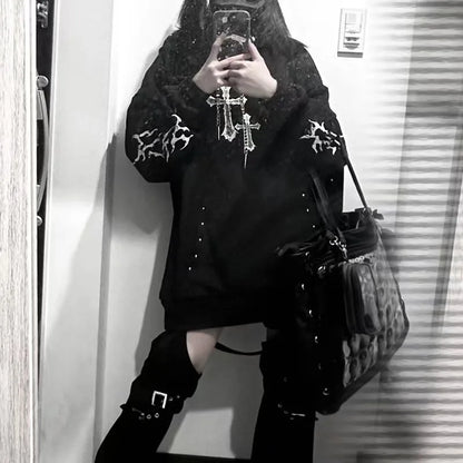 Kimutomo Hoodies Women Autumn Winter Fashion Y2k Aesthetic Harajuku Grunge Gothic Cross Printed Loose Sweatshirts Female