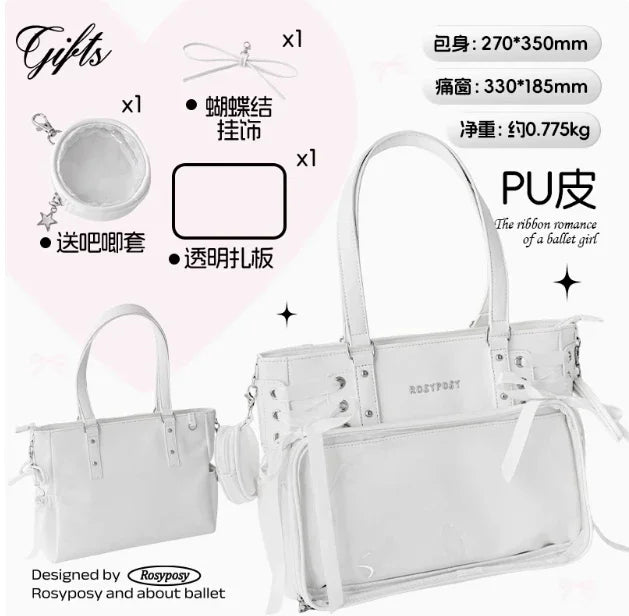 Japanese New Girls Silver Shoulder Bag Large Capacity Ribbon Itabag Student Women's Satin Messenger Bag Leather Backpacks