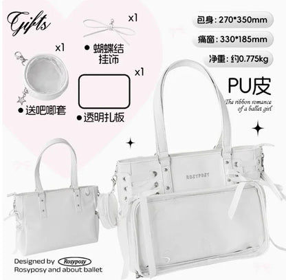 Japanese New Girls Silver Shoulder Bag Large Capacity Ribbon Itabag Student Women's Satin Messenger Bag Leather Backpacks