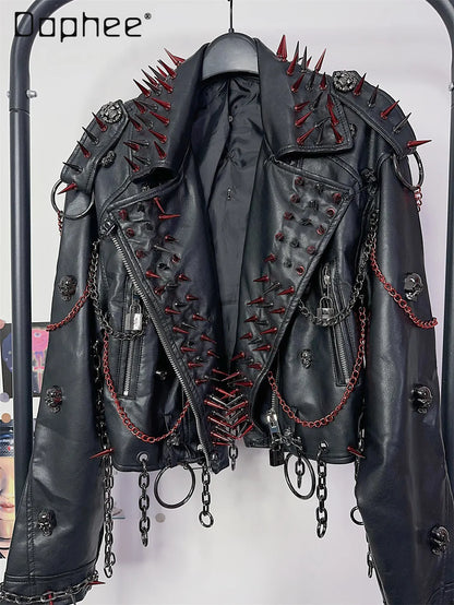 Women's Y2K Rivet Chain PU Leather Jacket