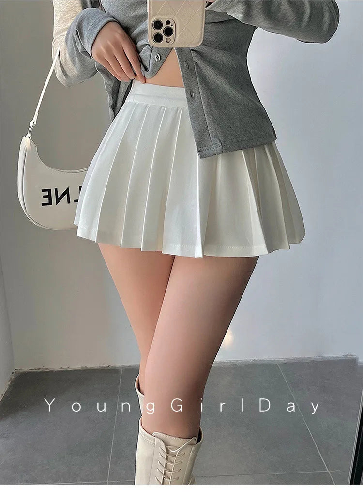 Pleated Skirt with Shorts Women Sexy High Waist White Black A-line Korean Gyaru Mini Tennis Skirt School Girl Summer