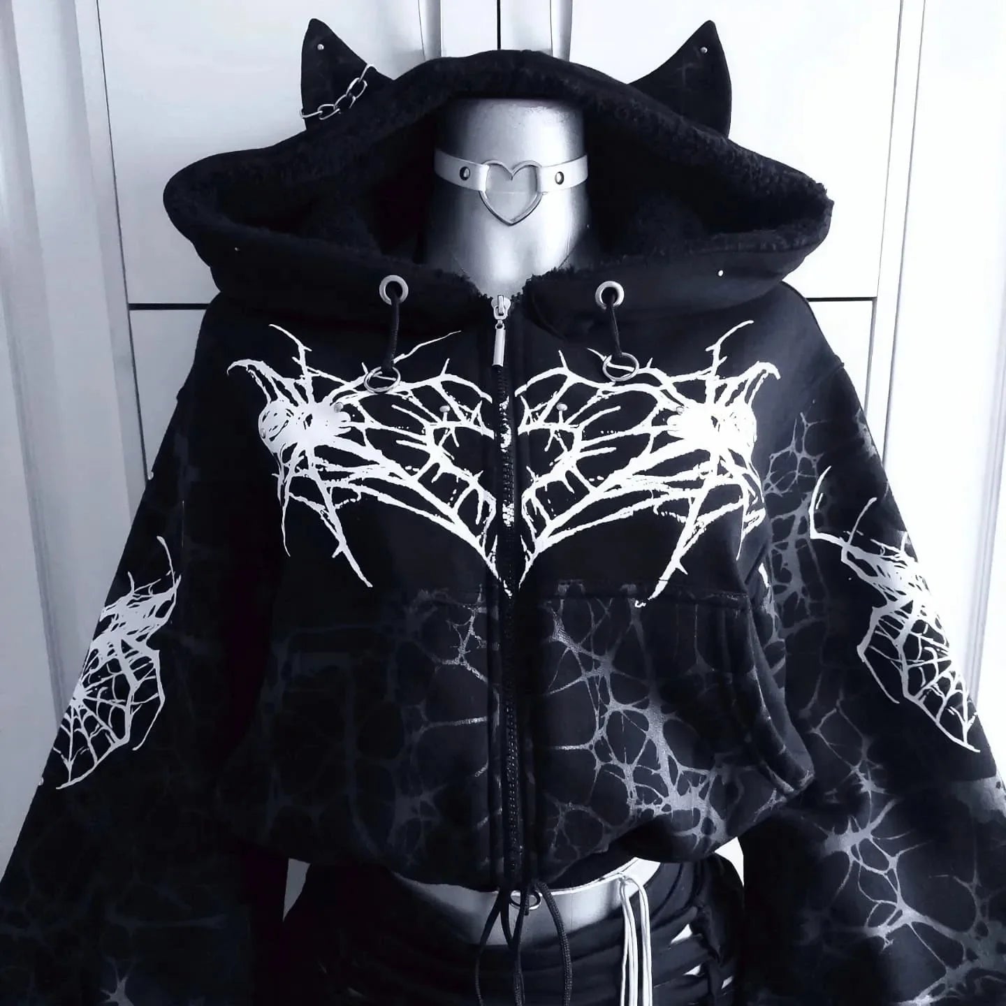Black Cat Ear Hooded Jacket Womens Pink Fluffy Lining Mystical Magic Circle Back Print Flame Sleeve Print Zip Up Warm Outerwear