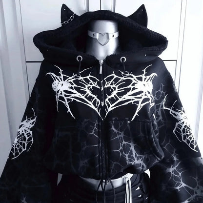 Y2K Grunge Purple Black Lightning Crackle Print Fleece Lined Cropped Zip Up Hoodie Women Hot Girl Oversized Drawstring Sherpa