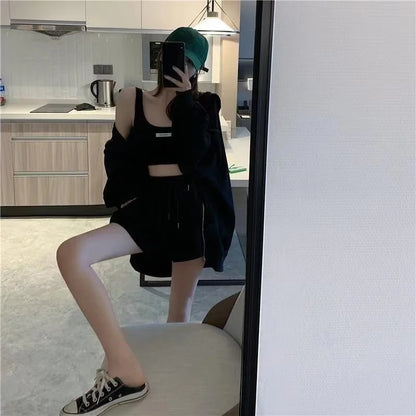 Shorts Three 3 Piece Sets Women Casual Vest Drawstring Short Hooded Zipper Jacket Sportswear Suits Y2k Streetwear Sports Hoodies