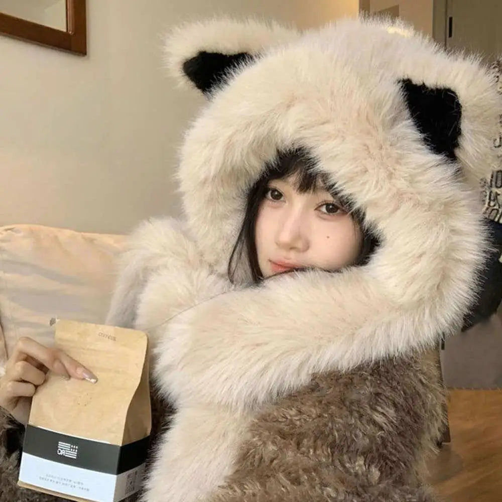 2025 New Women's Plush Fox Ear Bucket Hat Windproof Integrated Cap Scarf Trendy Cute Plush Neck Warm Hat Scarf Balaclava Hat