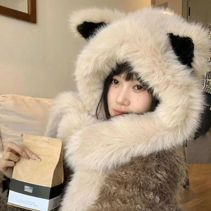 2025 New Women's Plush Fox Ear Bucket Hat Windproof Integrated Cap Scarf Trendy Cute Plush Neck Warm Hat Scarf Balaclava Hat