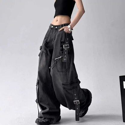 American Gothic Heavy-Industry Multi-Pocket Ripped Black Jeans Retro Fashion Men and Women Loose Wide Legs Casual Pants