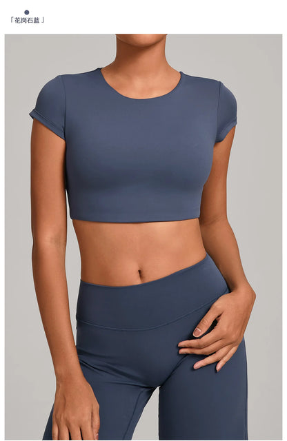 Hollow Backless Short Sleeve Sporty Slim T-shirt Women Crop Top Breathable Quick Dry Gym Workout Top Sport Shirt Fitness Clothes