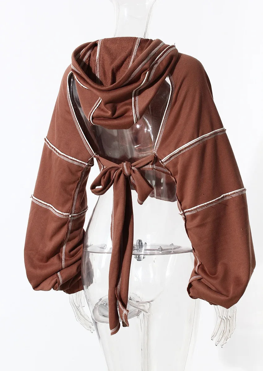 Women Hooded Sweatshirt Color Clashing Bright Line Short Top Ladies Fashion Layering Hoodie Long Sleeved Tops Hiphop Style