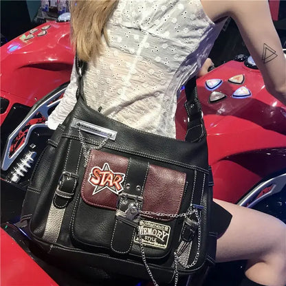Women Y2k Star Crossbody Bag Pu Leather Fashion Girls Chain Messenger Bags For Students Patchwork School Bag Motor Style 2024