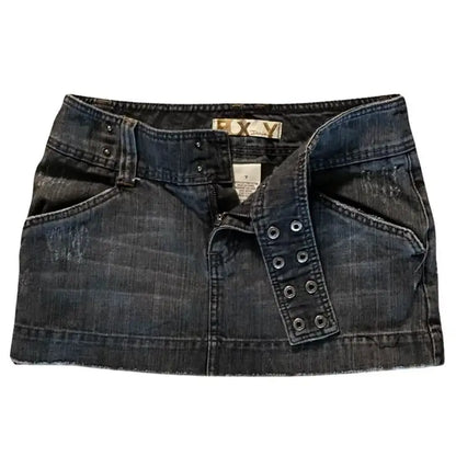 New Y2K American Brown Embroidered Ribbed Elastic Waist Short Skirt Women Harajuku Retro Plaid Gothic Sexy Low Waist Mini Skirt