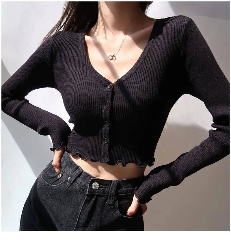 Women's Y2K V-Neck Knit Crop Top