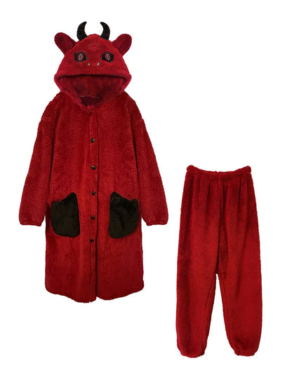 Virtual Alice Dark Gothic Demon Death Skull Horned Hooded Robe Thickened Coral Fleece Winter Warm Long Sleepwear Loungewear