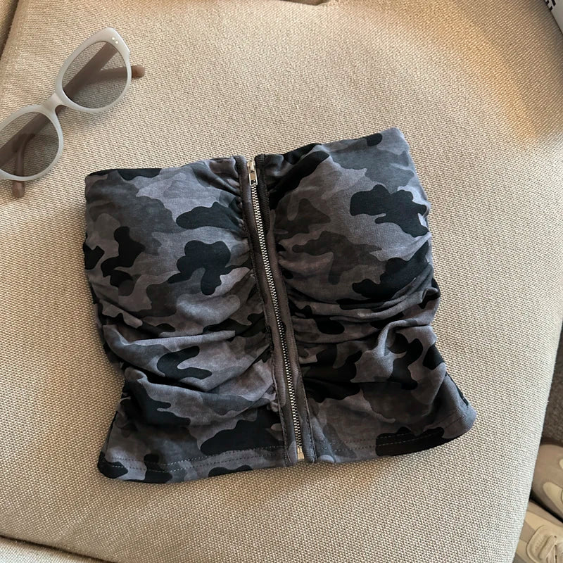 Sexy American Girl Camouflage Print Tube Top Vest Women's Summer Zipper Open Cardigan Shoulder Bared Short Style Top