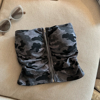 Sexy American Girl Camouflage Print Tube Top Vest Women's Summer Zipper Open Cardigan Shoulder Bared Short Style Top