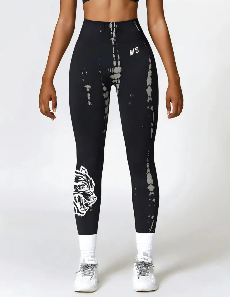 New high-waisted women's printed fitness yoga pants wolf head pattern buttocks tight sports high-elastic fitness leggings.