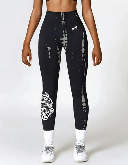 New high-waisted women's printed fitness yoga pants wolf head pattern buttocks tight sports high-elastic fitness leggings.