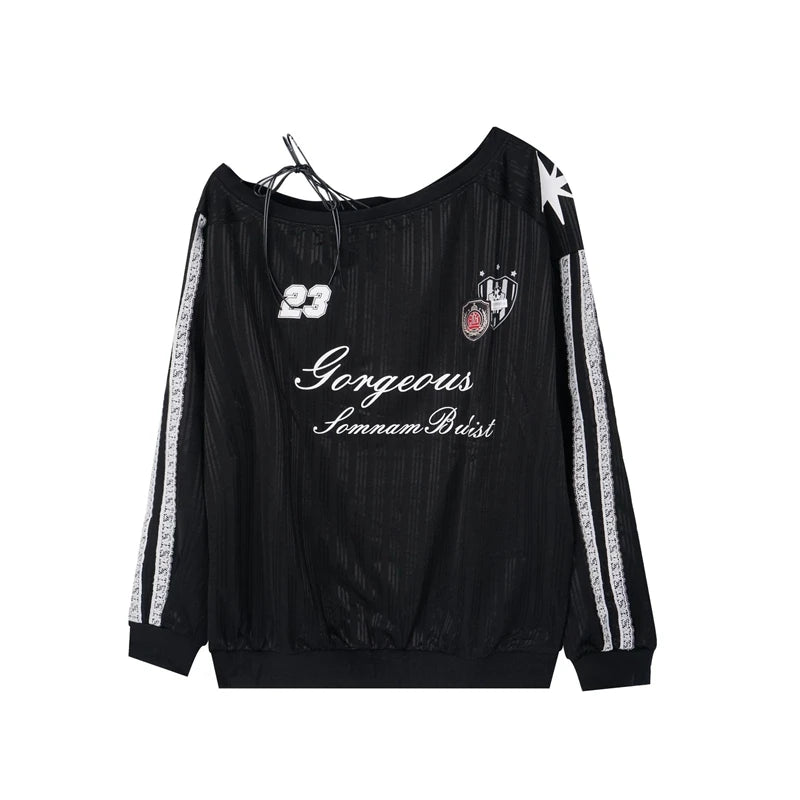 Spring and winter new American oblique shoulder long sleeve printed letter hoodie loose casual spice girls shirt T-shirt women