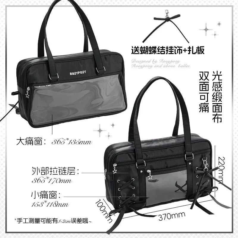 Japanese New Girls Silver Shoulder Bag Large Capacity Ribbon Itabag Student Women's Satin Messenger Bag Leather Backpacks