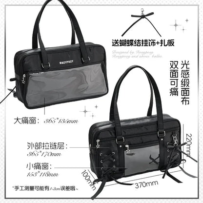 Japanese New Girls Silver Shoulder Bag Large Capacity Ribbon Itabag Student Women's Satin Messenger Bag Leather Backpacks