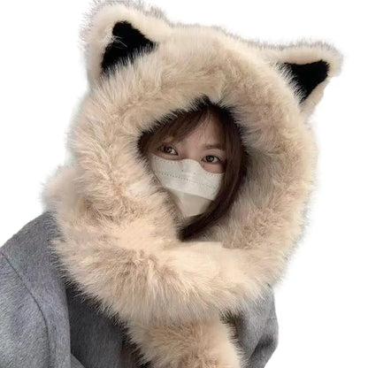 2025 New Women's Plush Fox Ear Bucket Hat Windproof Integrated Cap Scarf Trendy Cute Plush Neck Warm Hat Scarf Balaclava Hat