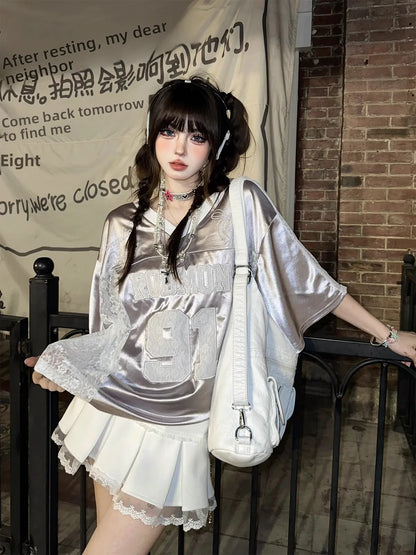 Retro American Splice V-neck Hollow out Lace Short Sleeve T-shirt Women Summer Embroidered Loose Sports Silver Top