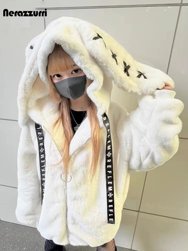Women's White Faux Fur Bunny-Ear Coat