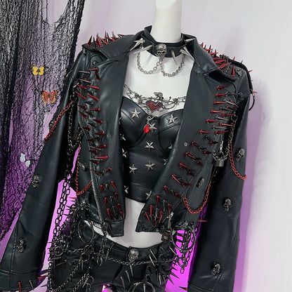 Women's Y2K Rivet Chain PU Leather Jacket