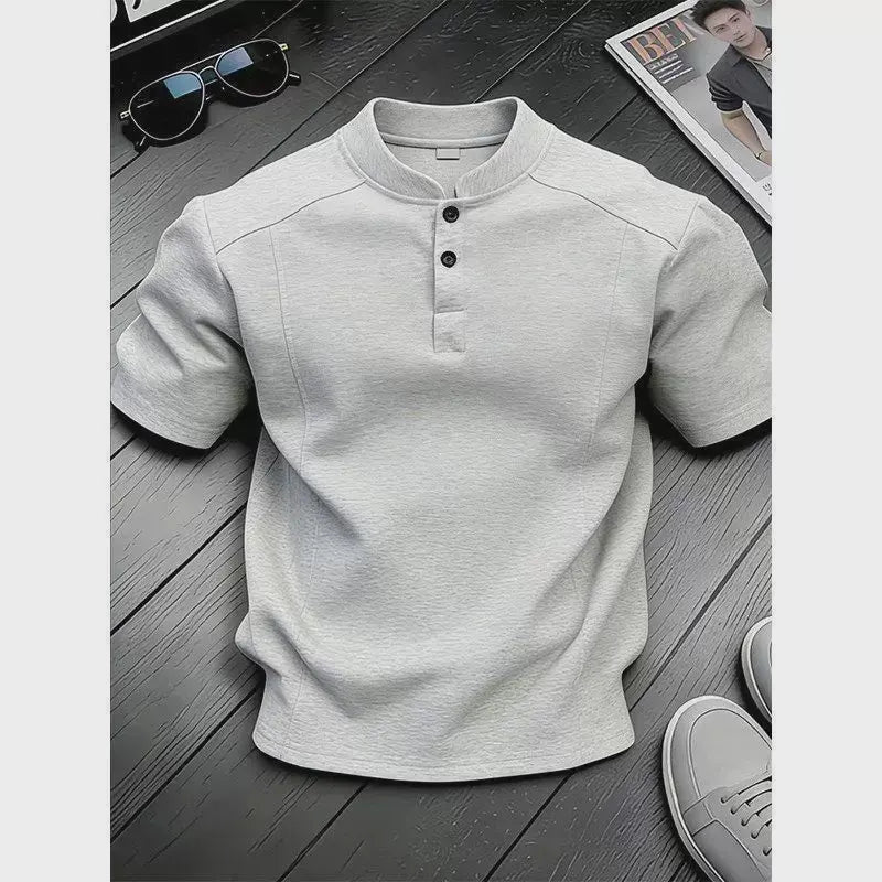 White Henry Collar  Shirt Men's Summer Splice Design Short Sleeve Cleanfit Heavyweight Half Sleeve Business Casual T-Shirt