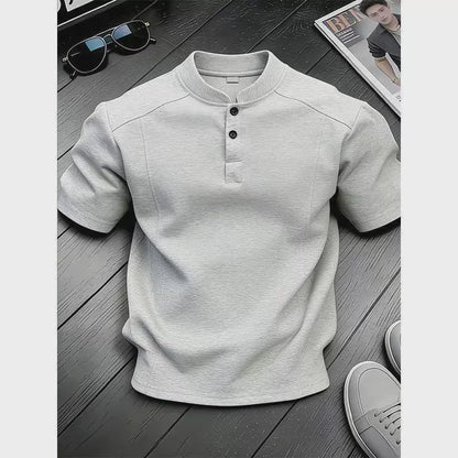 White Henry Collar  Shirt Men's Summer Splice Design Short Sleeve Cleanfit Heavyweight Half Sleeve Business Casual T-Shirt