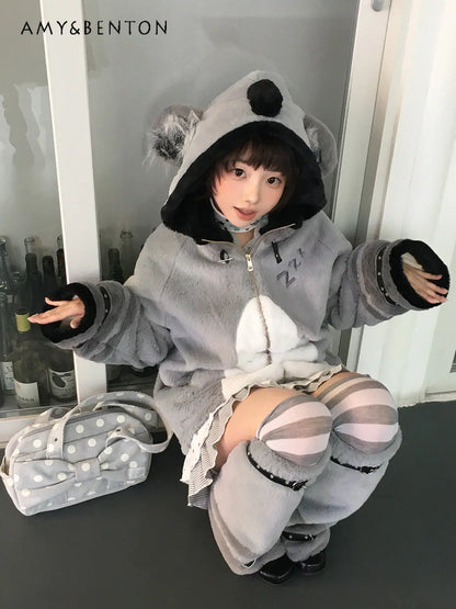 Women's Plush Hooded Embroidered Coat Set
