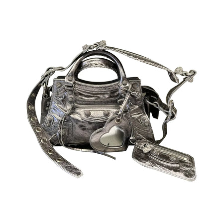 Neo Motorcycle Bag Handheld Rivet Head Layered Oil Wax Cowhide Crossbody Women's Bag Cool And Spicy Girl Retro Style Tote Bag