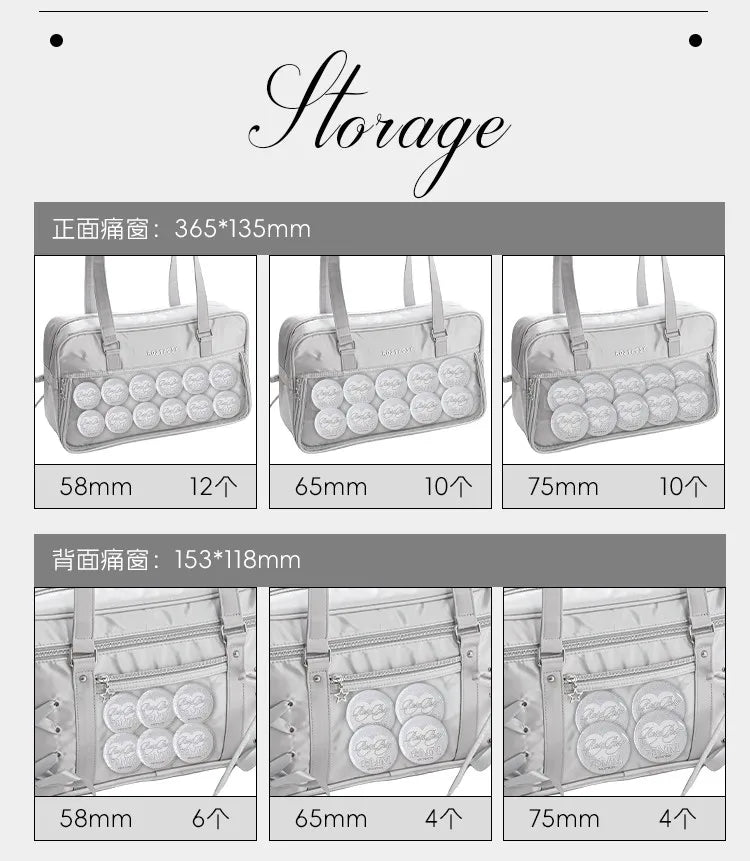Japanese New Girls Silver Shoulder Bag Large Capacity Ribbon Itabag Student Women's Satin Messenger Bag Leather Backpacks