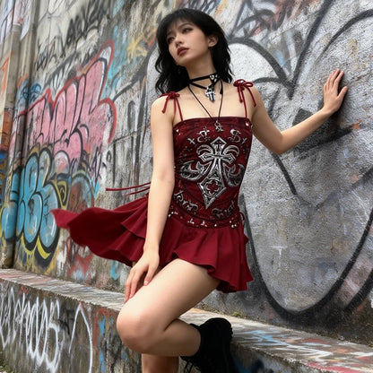 Women's Gothic Lace-Up Pleated Mini Dress
