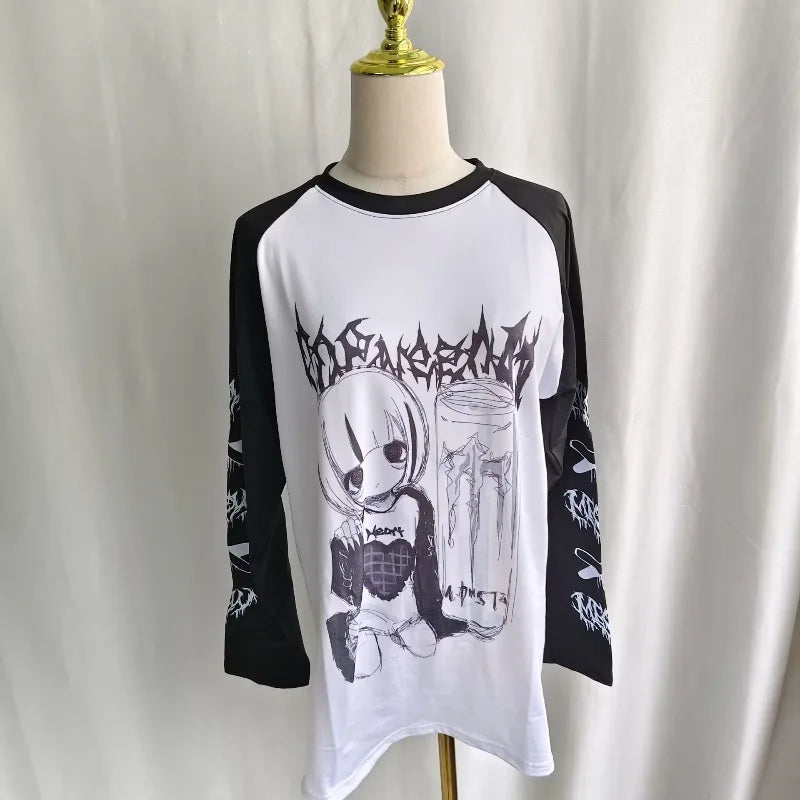 Kimutomo T Shirts Women Cartoon Printed Long Sleeve Loose Fashion Punk Style Grunge Gothic Y2k Aesthetic Harajuku Tops Ladies